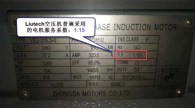 LIUTECH空壓機(jī)普遍采用的電機(jī)服務(wù)系數(shù):1.15